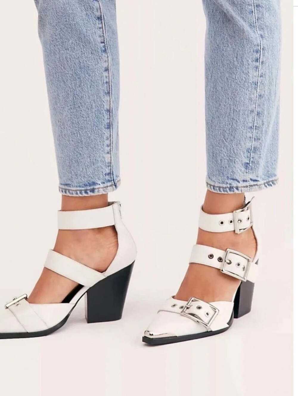Jeffrey Campbell For Free People White Pointed Buckle Heels Sz.8.5